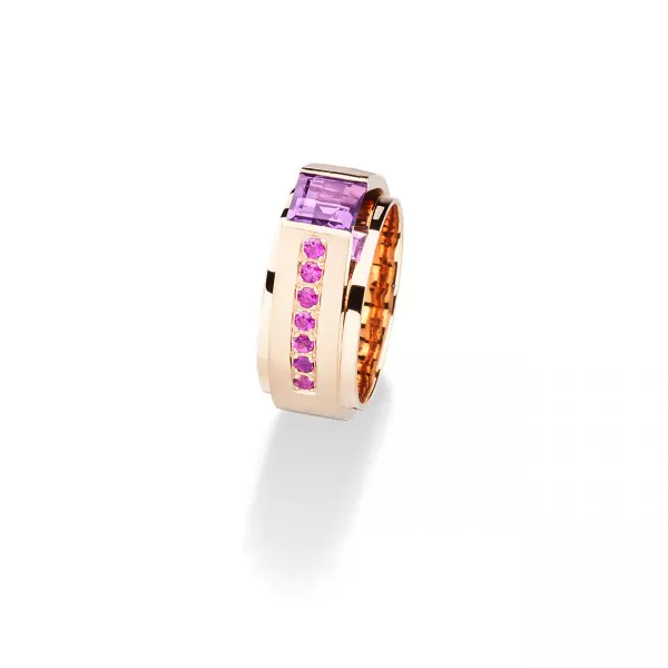 Ring mit Amethyst und rosa Saphiren aus der Linie Architect- Designring von Andreas Ableitner in 18kt Rotgold