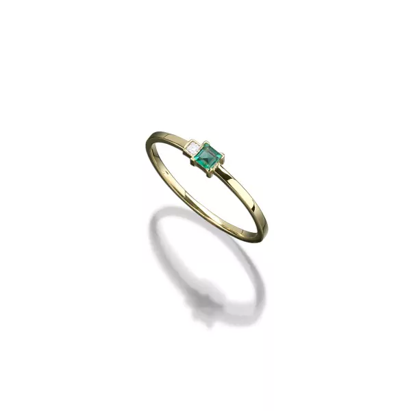 Zarter Ring in 585/000 Gelbgold mit einem Smaragd und Diamanten im Karreeschliff